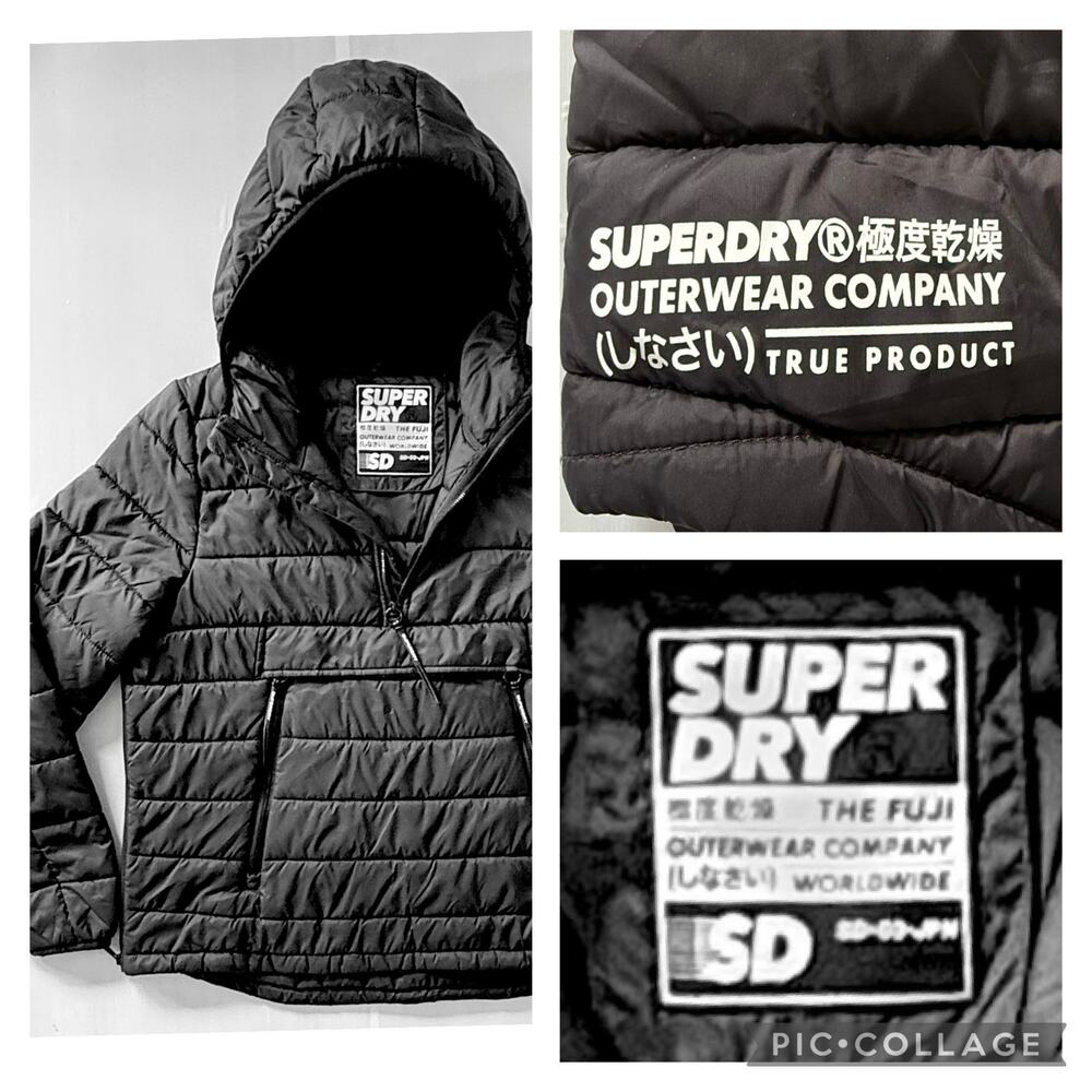 SUPERDRY Womens Sz 12 Pullover Puffer Jacket with Hood Black 1/4 Zip UK 16 EU 44